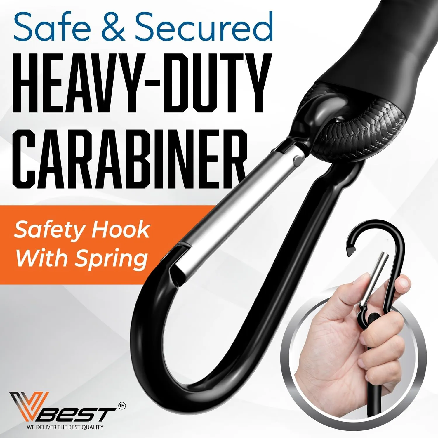 Black Bungee Cords with Hooks - 48 Inch Heavy Duty Set - Carabiner Hooks, Clips - 6pk