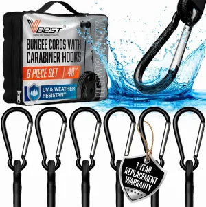Black Bungee Cords with Hooks - 48 Inch Heavy Duty Set - Carabiner Hooks, Clips - 6pk