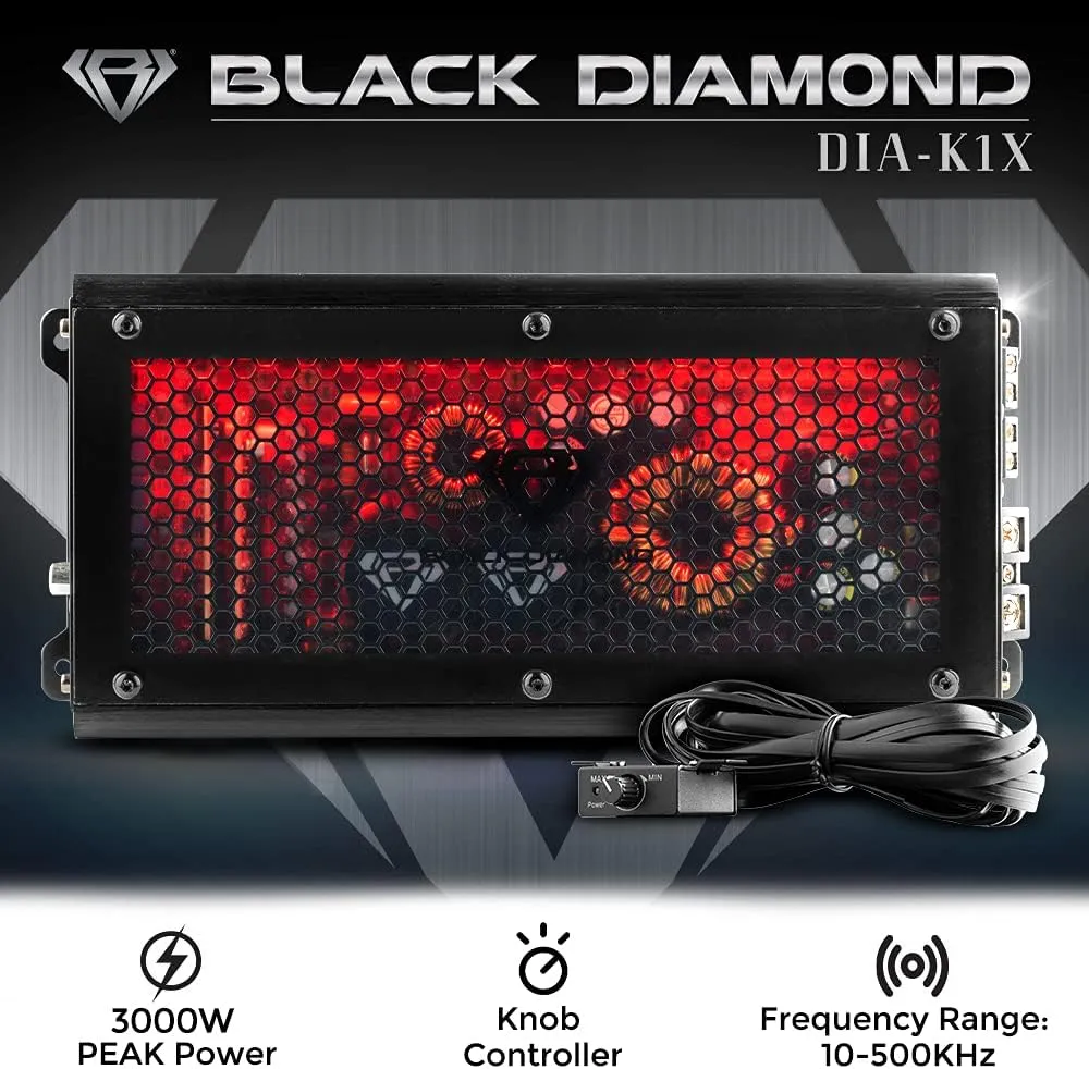 Black Diamond DIA-K1X Car Audio Amplifier 1 Channel, Monoblock Amplifier, Class D, 1000 Watts RMS @1-Ohm, 3000 Watts Peak, Acrylic Window with Red LED Lighting, Remote BASS Knob Included