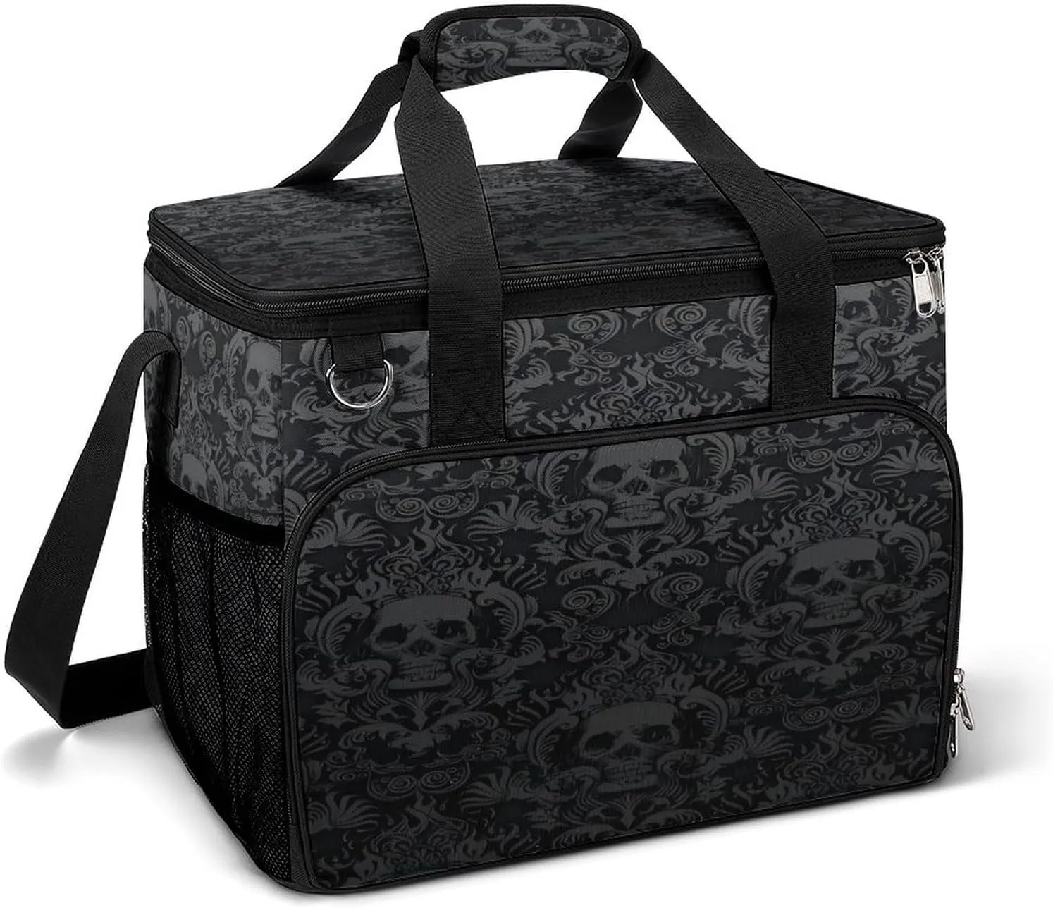 Black Goth Gothic Skull Damask Pattern Cooler Bag, Collapsible Soft Sided Cooler, Large Leakproof Camping Cooler, Portable Travel Cooler for Camping, Road Trips