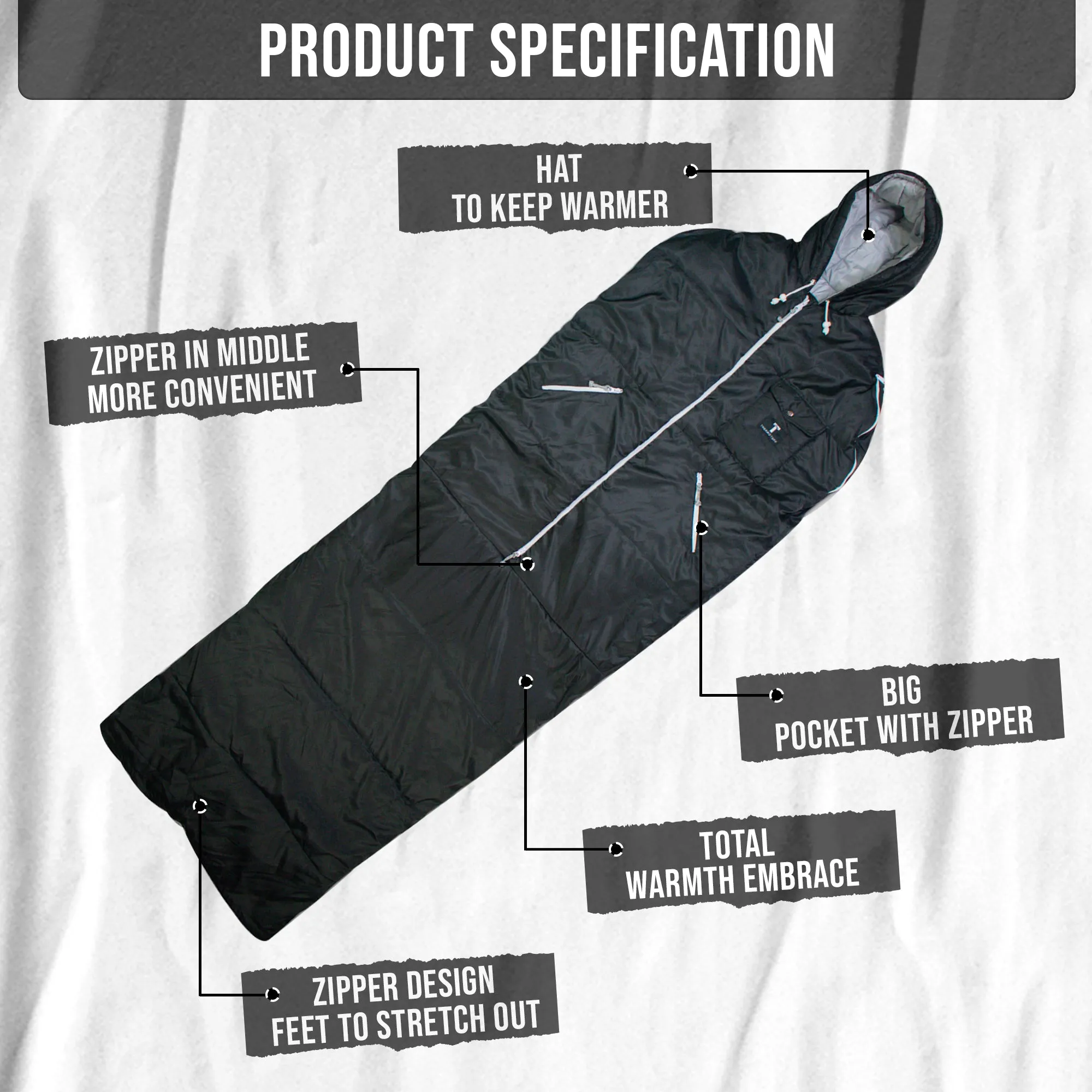 Black Sleevless Sleeping Bag Jacket L-XXL