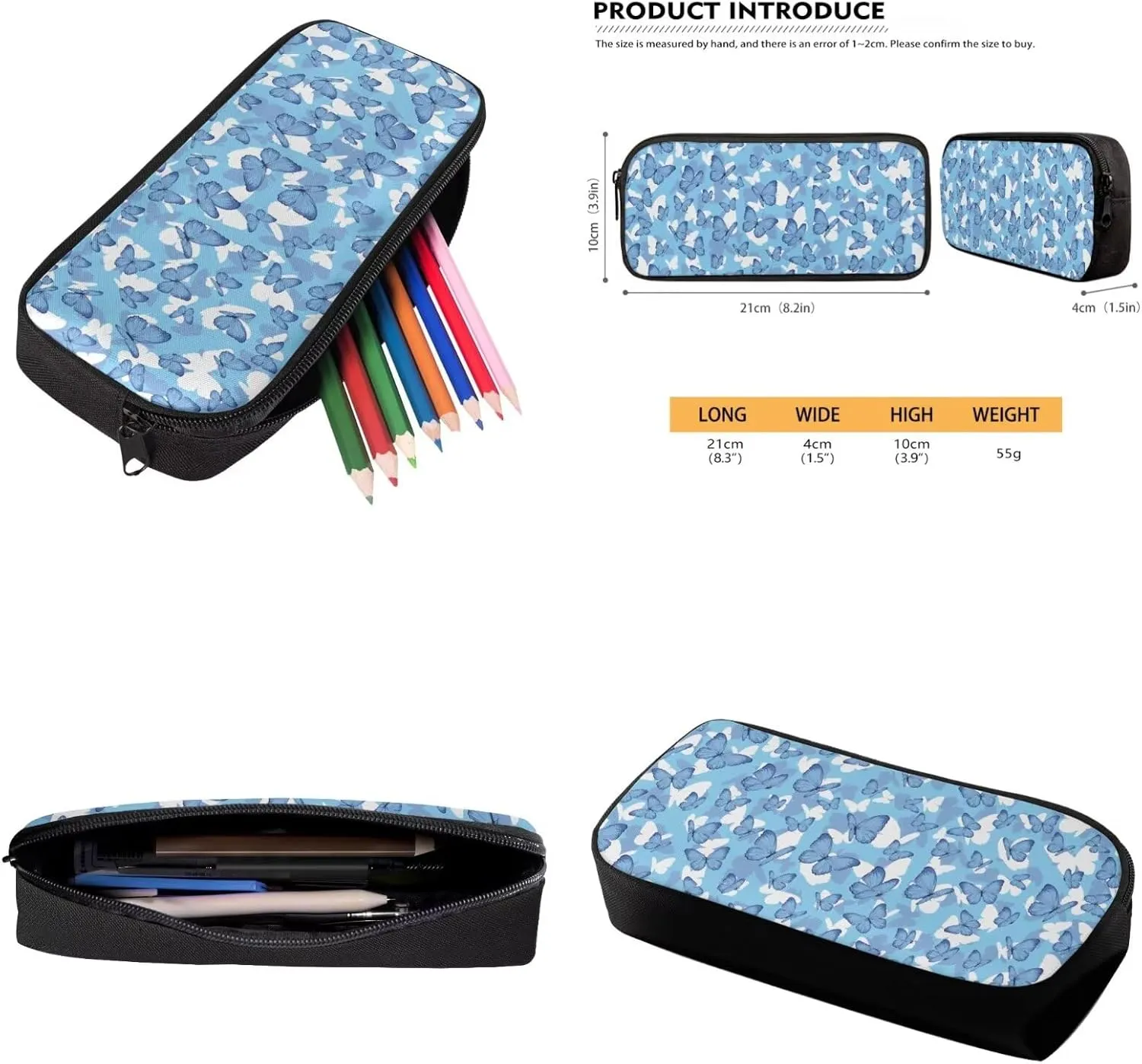 Blue Butterfly School Backpack Set for Kids with Lunchbox Pencil Box Backpack 3 Piece Travel Daypack