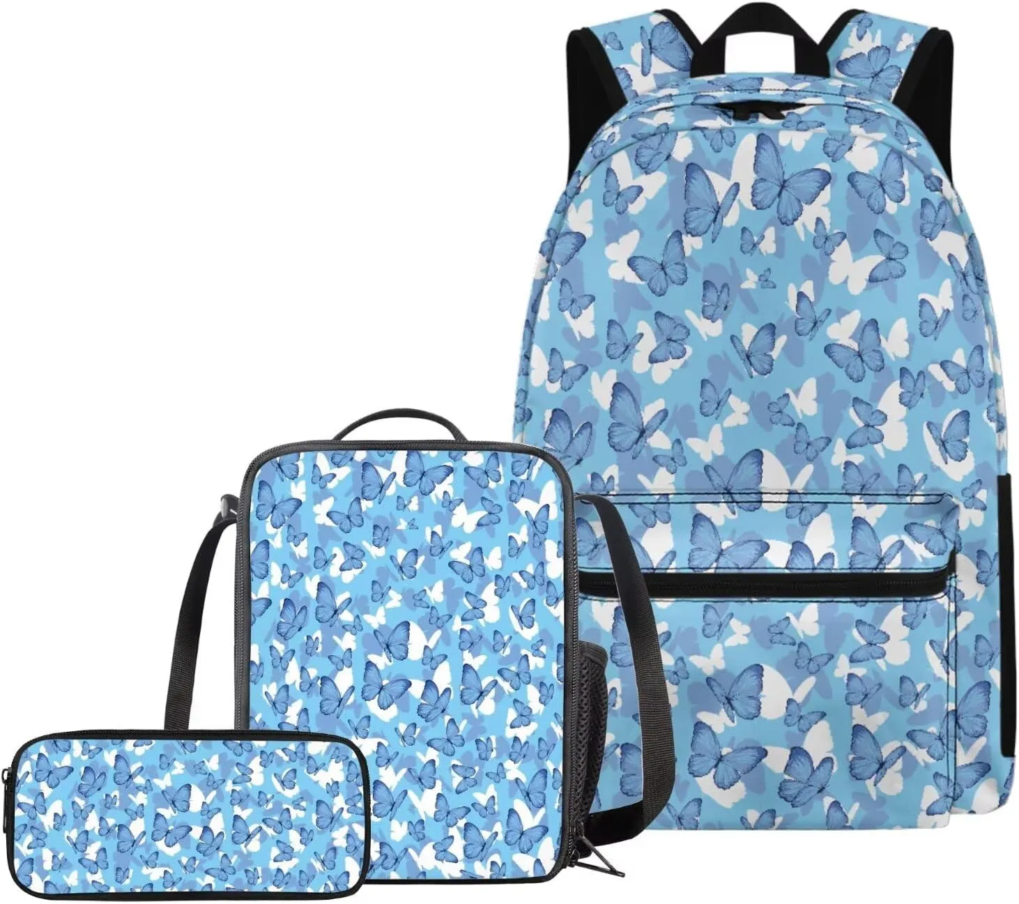 Blue Butterfly School Backpack Set for Kids with Lunchbox Pencil Box Backpack 3 Piece Travel Daypack