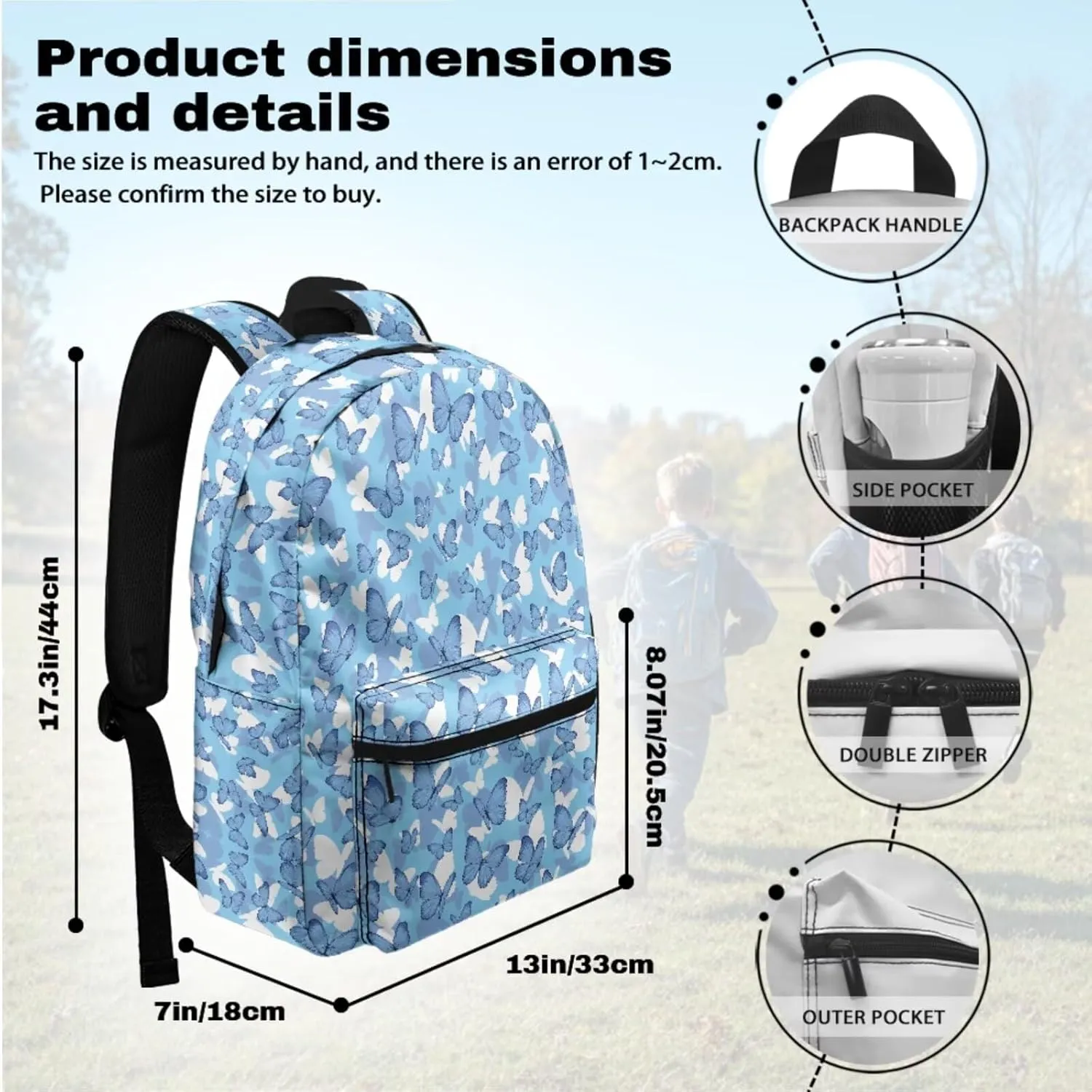 Blue Butterfly School Backpack Set for Kids with Lunchbox Pencil Box Backpack 3 Piece Travel Daypack