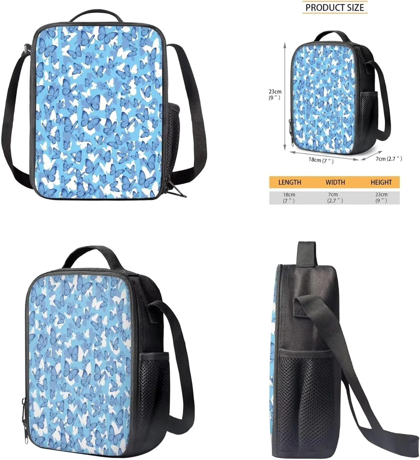 Blue Butterfly School Backpack Set for Kids with Lunchbox Pencil Box Backpack 3 Piece Travel Daypack
