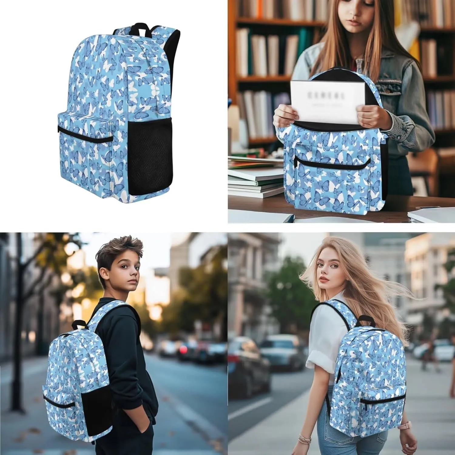 Blue Butterfly School Backpack Set for Kids with Lunchbox Pencil Box Backpack 3 Piece Travel Daypack