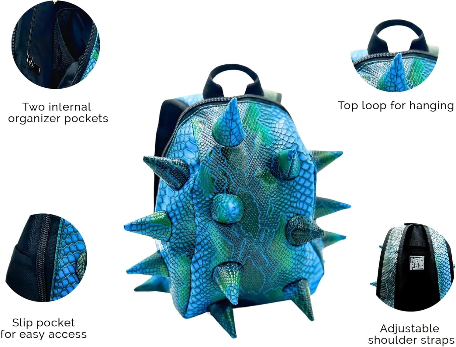Blue Mamba Spike Mini Travel Backpack | Edgy Faux Leather Bag with Spikes, Compact Design, Durable & Water-Resistant | Ideal for Everyday Use, or Work