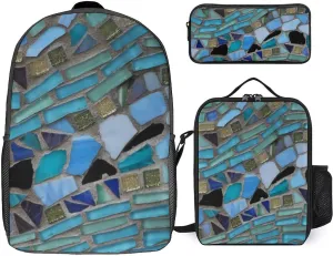 Blue Sea Glass Light 17 Inch Backpack Diagonal Lunch Bag Pencil Case Set Unisex