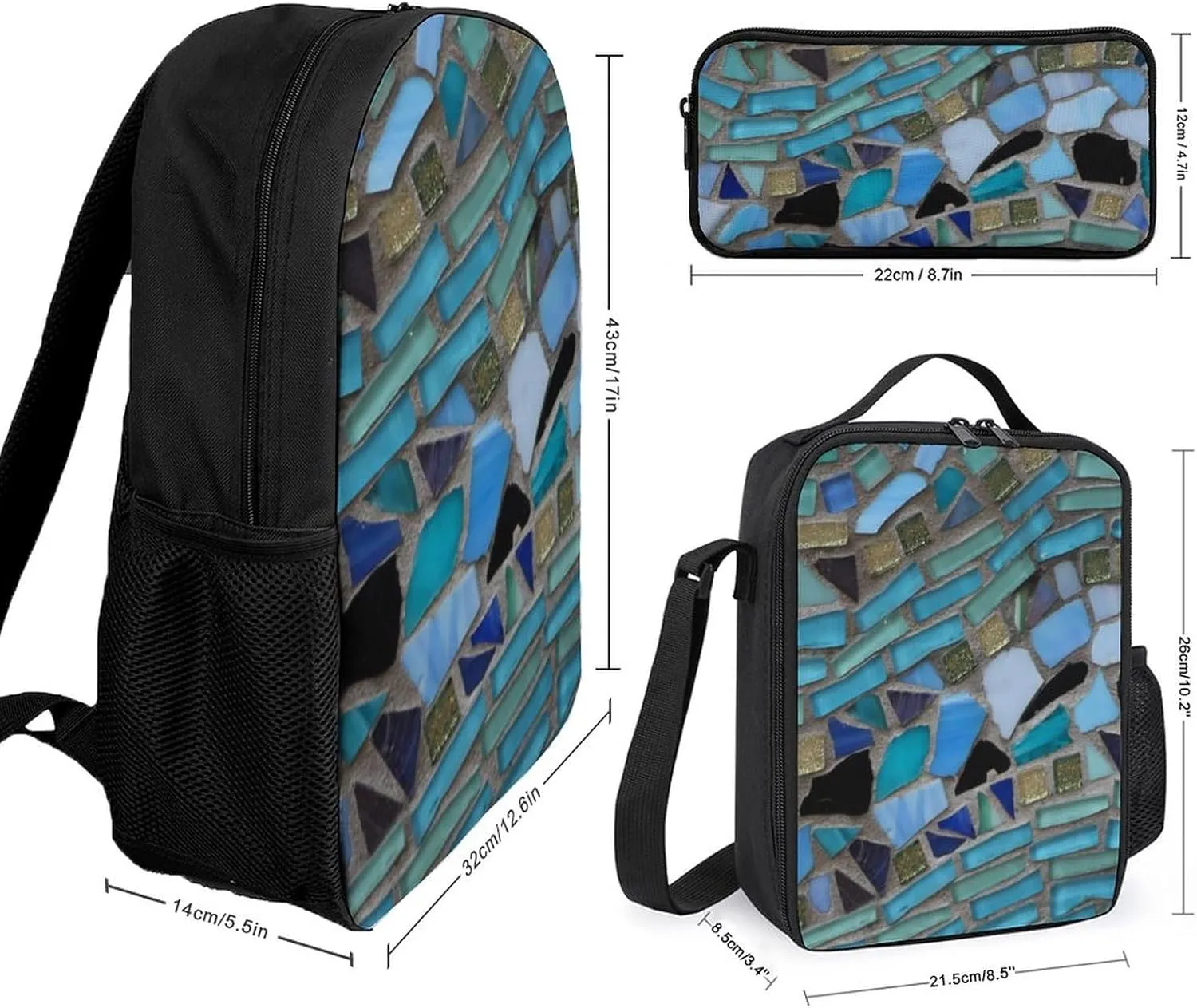 Blue Sea Glass Light 17 Inch Backpack Diagonal Lunch Bag Pencil Case Set Unisex