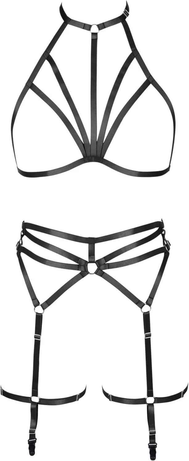 Body Chain Harness for Women Lingerie Full Cage Chest Strap Garter Punk Goth Stretchy Fabric Halloween Rave (Black A)