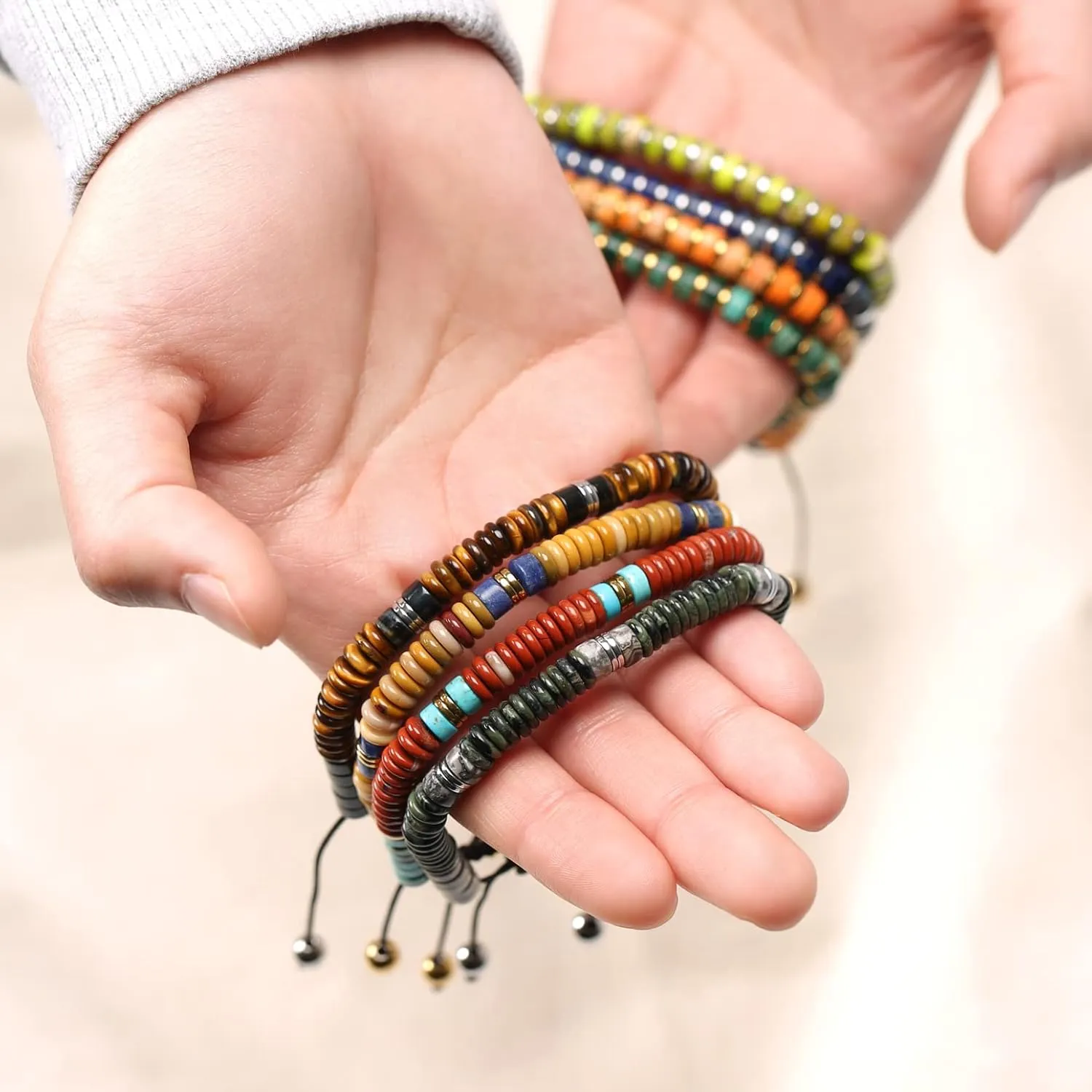 Boho Natural Gemstone Blue Turquoise Black Brown Tiger Eye Red Lime Orange Jasper Green Jade Malachite Stones Chakra Stacking Bolo Bracelet Gold Plated Stainless Steel Rondel Tube Beads Cord 7-9”