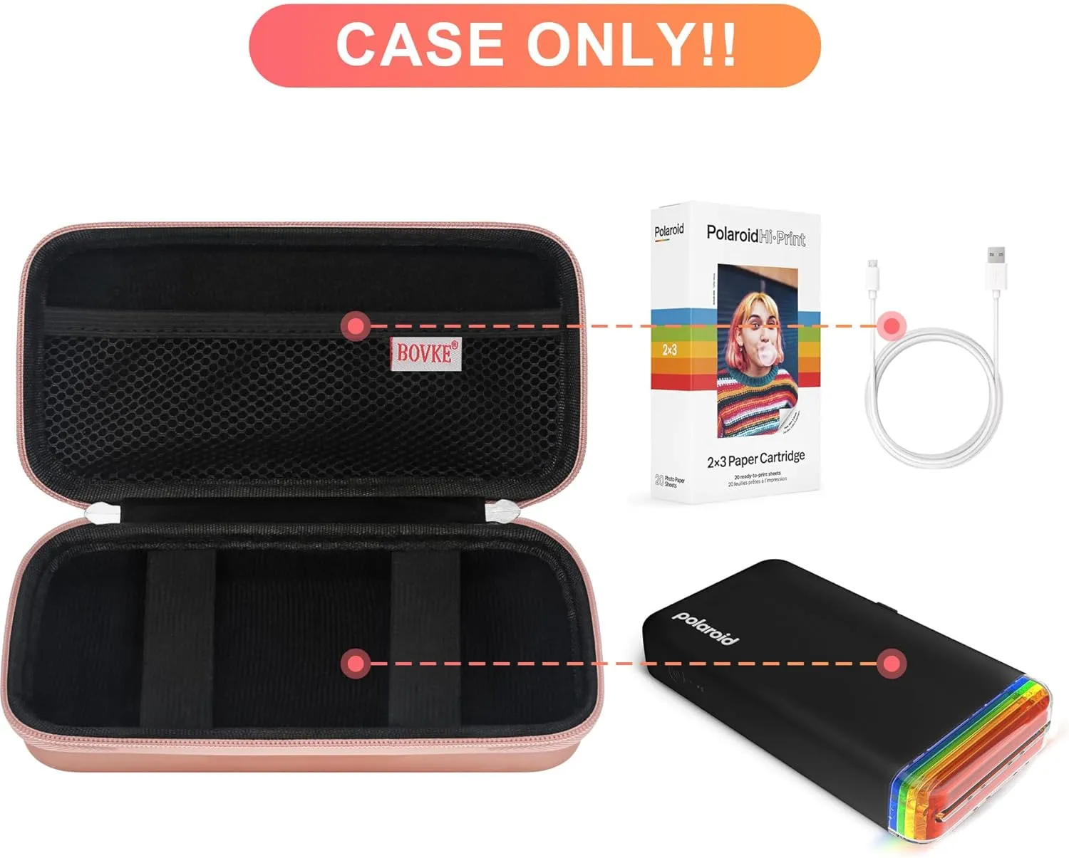 BOVKE Carrying Case for Polaroid Hi-Print 2nd Generation Bluetooth Connected 2x3 Pocket Photo Dye-Sub Printer, Mesh Pocket for Polaroid Hi-Print Paper - 2x3 Paper Cartridges and Cables, Rosegold