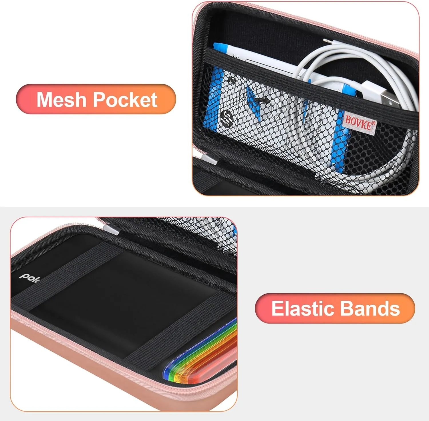 BOVKE Carrying Case for Polaroid Hi-Print 2nd Generation Bluetooth Connected 2x3 Pocket Photo Dye-Sub Printer, Mesh Pocket for Polaroid Hi-Print Paper - 2x3 Paper Cartridges and Cables, Rosegold