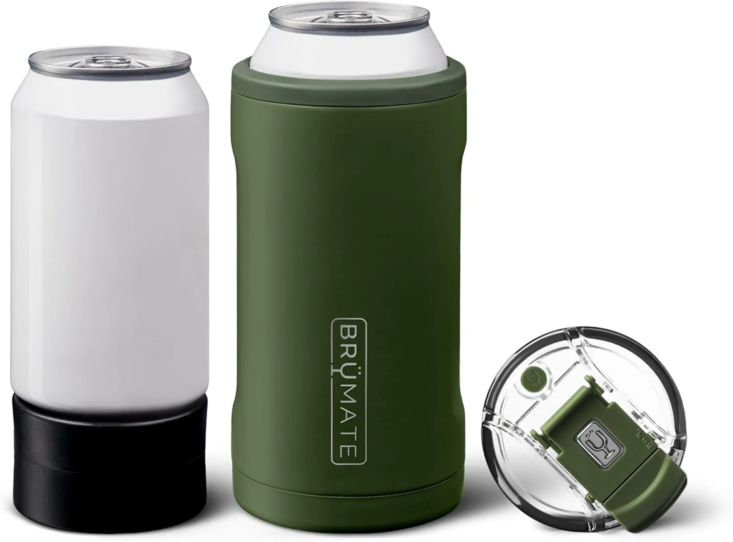 BrüMate Hopsulator Trio 3-in-1 Insulated Can Cooler for 12oz / 16oz Cans   100% Leak Proof Tumbler with Lid | Insulated for Beer, Soda, and Energy Drinks (OD Green)