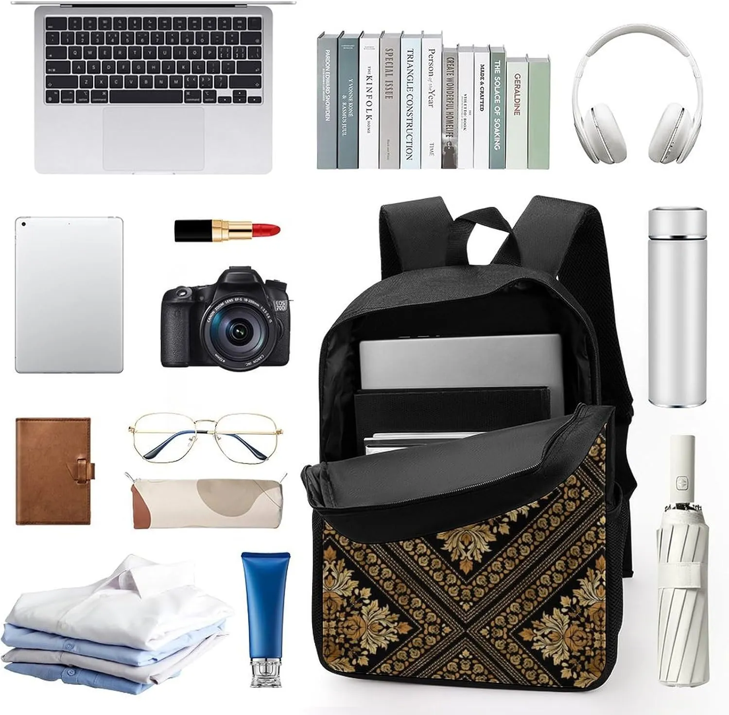 Brocade Pattern in Black And Gold Classic Large Capacity Comfortable Backpack