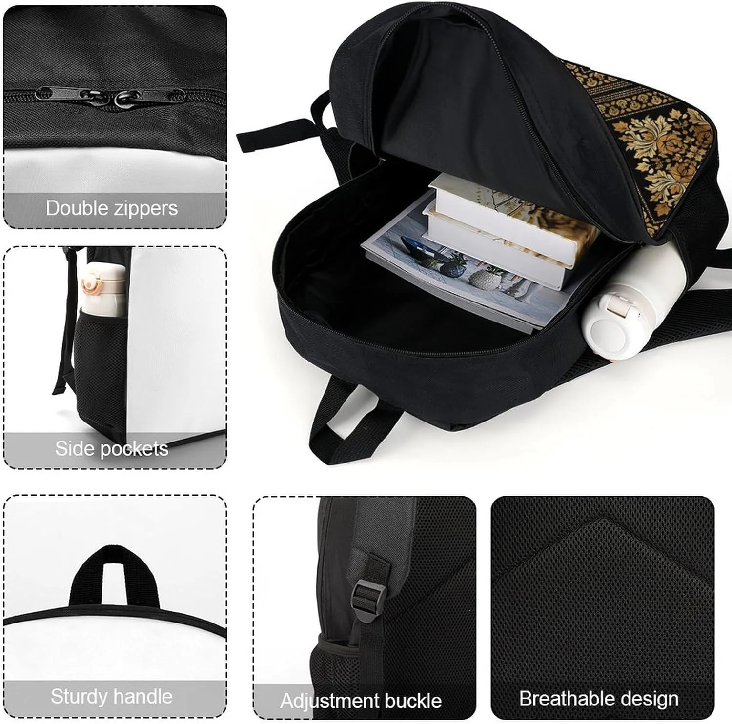 Brocade Pattern in Black And Gold Classic Large Capacity Comfortable Backpack