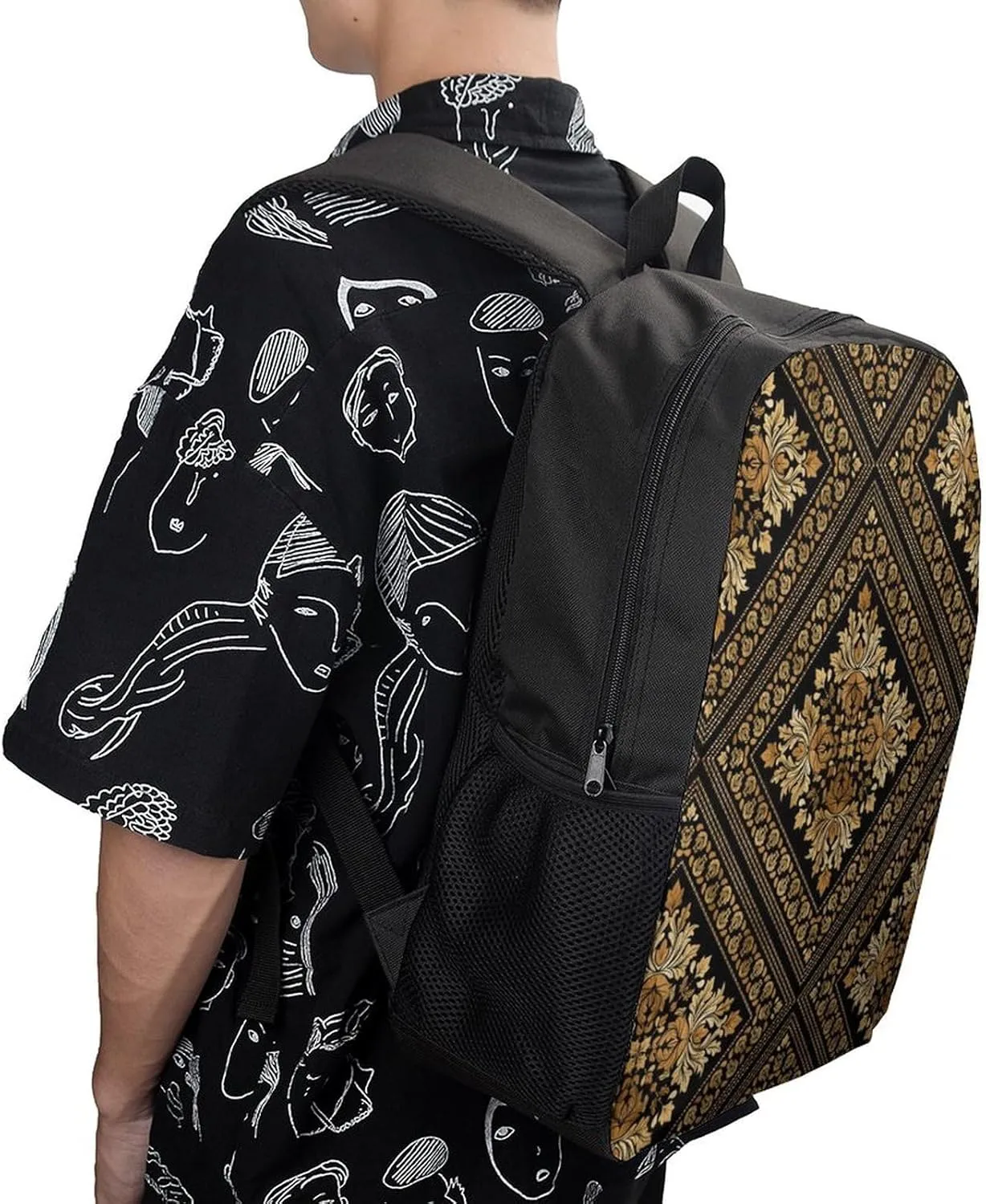 Brocade Pattern in Black And Gold Classic Large Capacity Comfortable Backpack