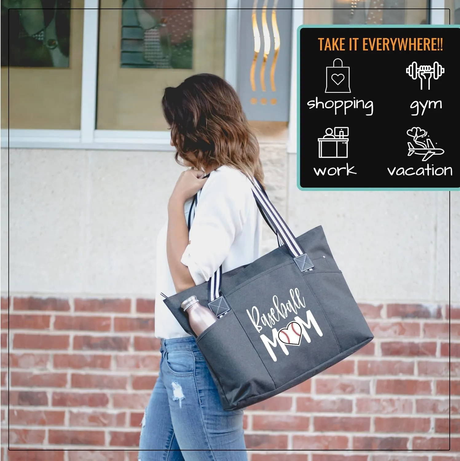 Brooke & Jess Designs Sports Mom Large Zippered Tote Bag with Pockets for Women