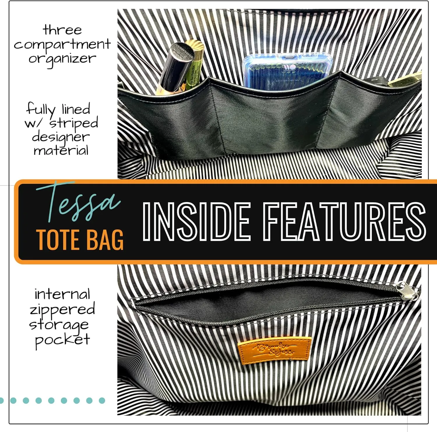 Brooke & Jess Designs Sports Mom Large Zippered Tote Bag with Pockets for Women