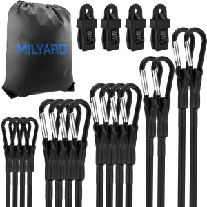 Bungee Cords with Carabiner Hooks Heavy Duty Outdoor 8" 12" 18" 24" 36" and Tarp Clips Bungee Cords Assorted Sizes Set, 20 Pcs