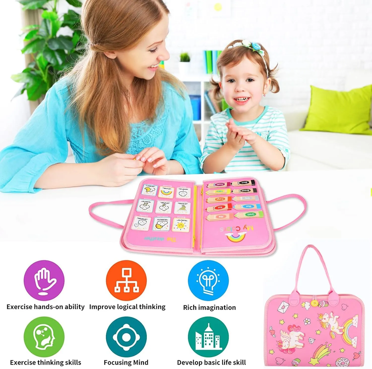 Busy Board, 7 in 1 for 3  Years Old, 91Pcs Montessori Board to Learn Fine Motor Skills, Sensory Board, Preschool Educational Toys for Toddler Travel - Pink