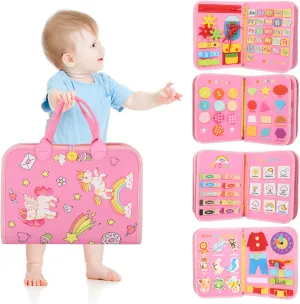 Busy Board, 7 in 1 for 3  Years Old, 91Pcs Montessori Board to Learn Fine Motor Skills, Sensory Board, Preschool Educational Toys for Toddler Travel - Pink