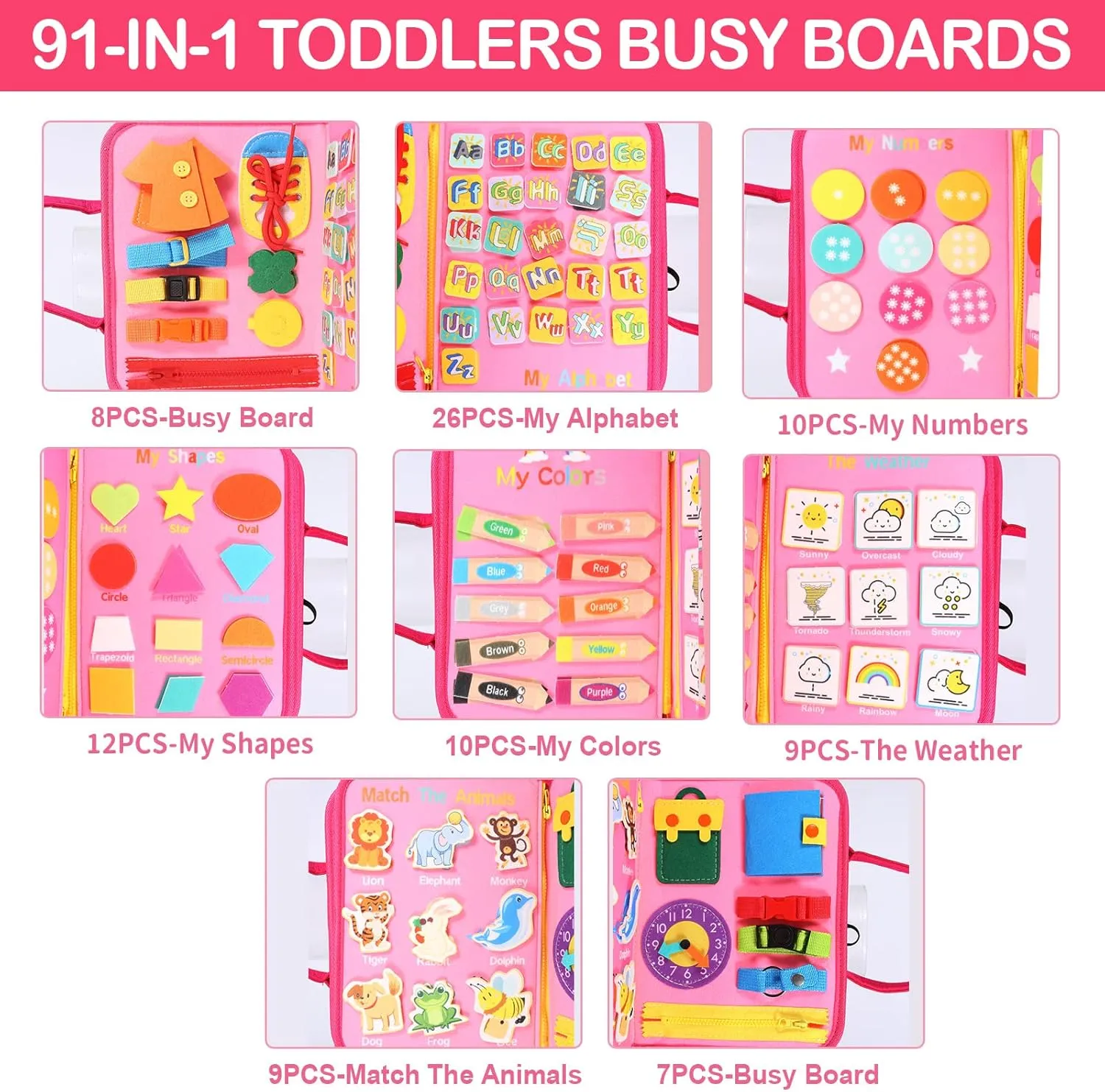 Busy Board, 7 in 1 for 3  Years Old, 91Pcs Montessori Board to Learn Fine Motor Skills, Sensory Board, Preschool Educational Toys for Toddler Travel - Pink