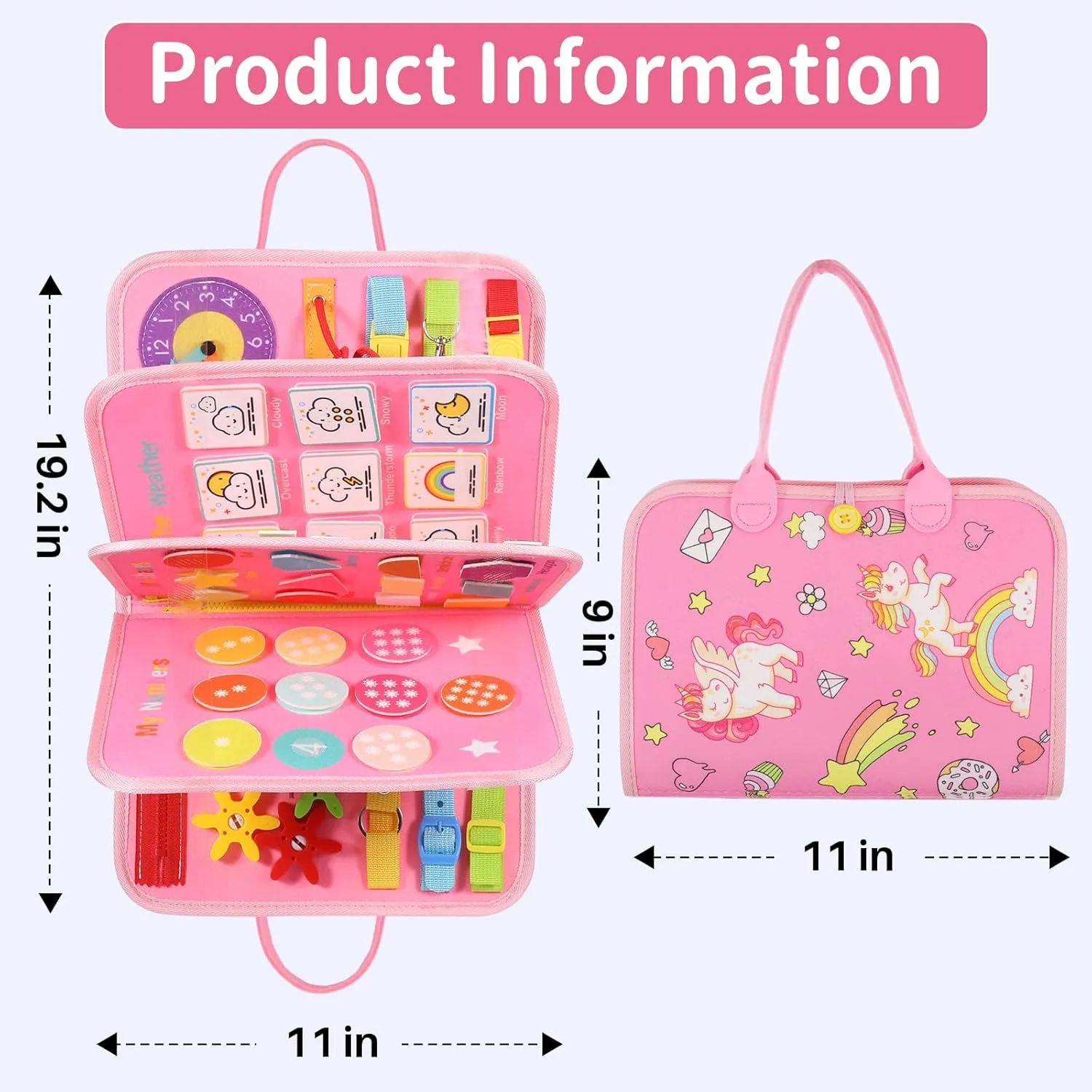 Busy Board, 7 in 1 for 3  Years Old, 91Pcs Montessori Board to Learn Fine Motor Skills, Sensory Board, Preschool Educational Toys for Toddler Travel - Pink