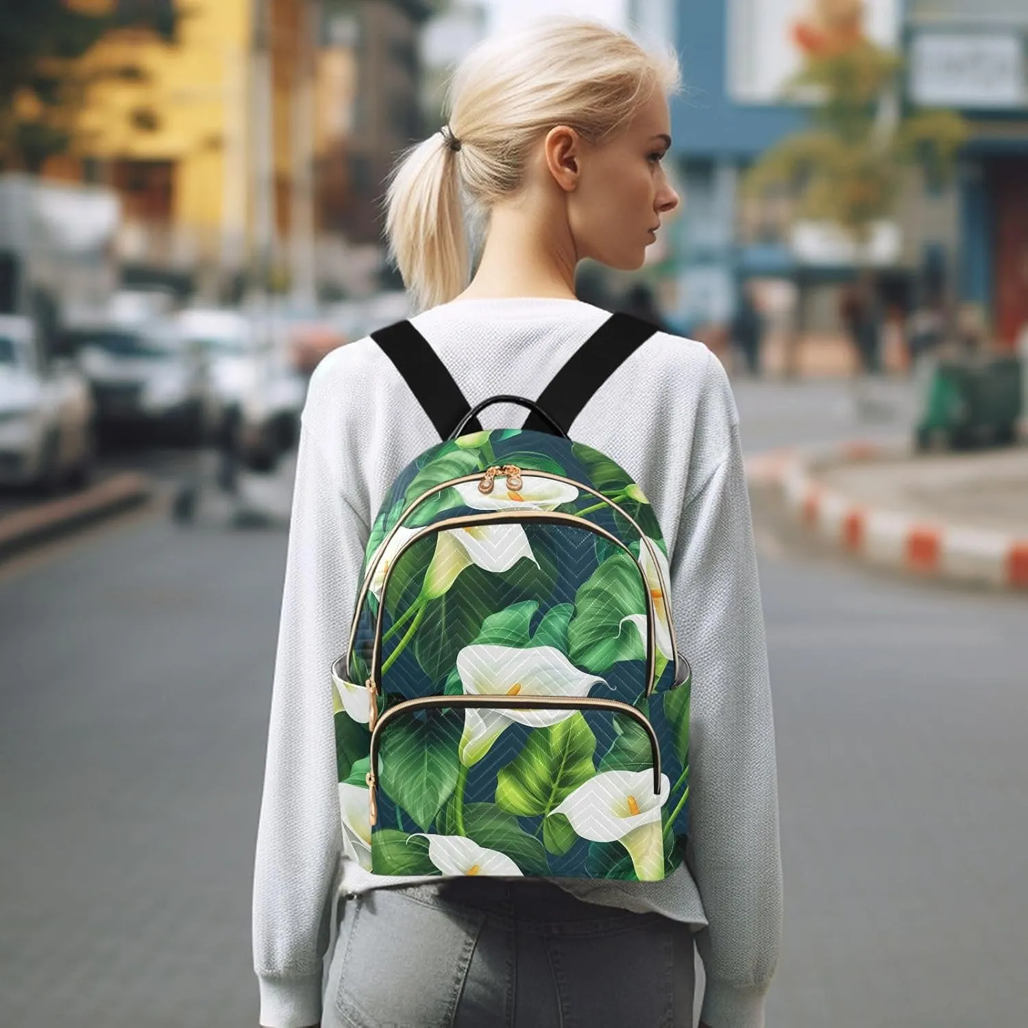 Calla Foliage Darkblue Backpack Purse for Women Daily Backpack with Anti-theft Back for Travel Work S