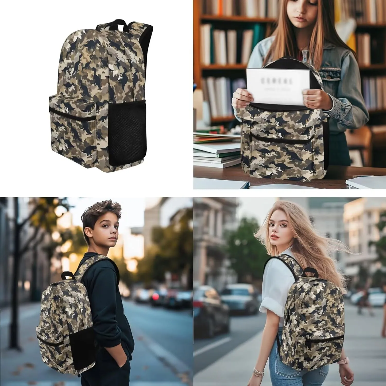 Camouflage Dinosaur Backpack for Kids Girls Boys with Lunchbox Pencil Box Pouch Organizer Bookbag for School Bag Set