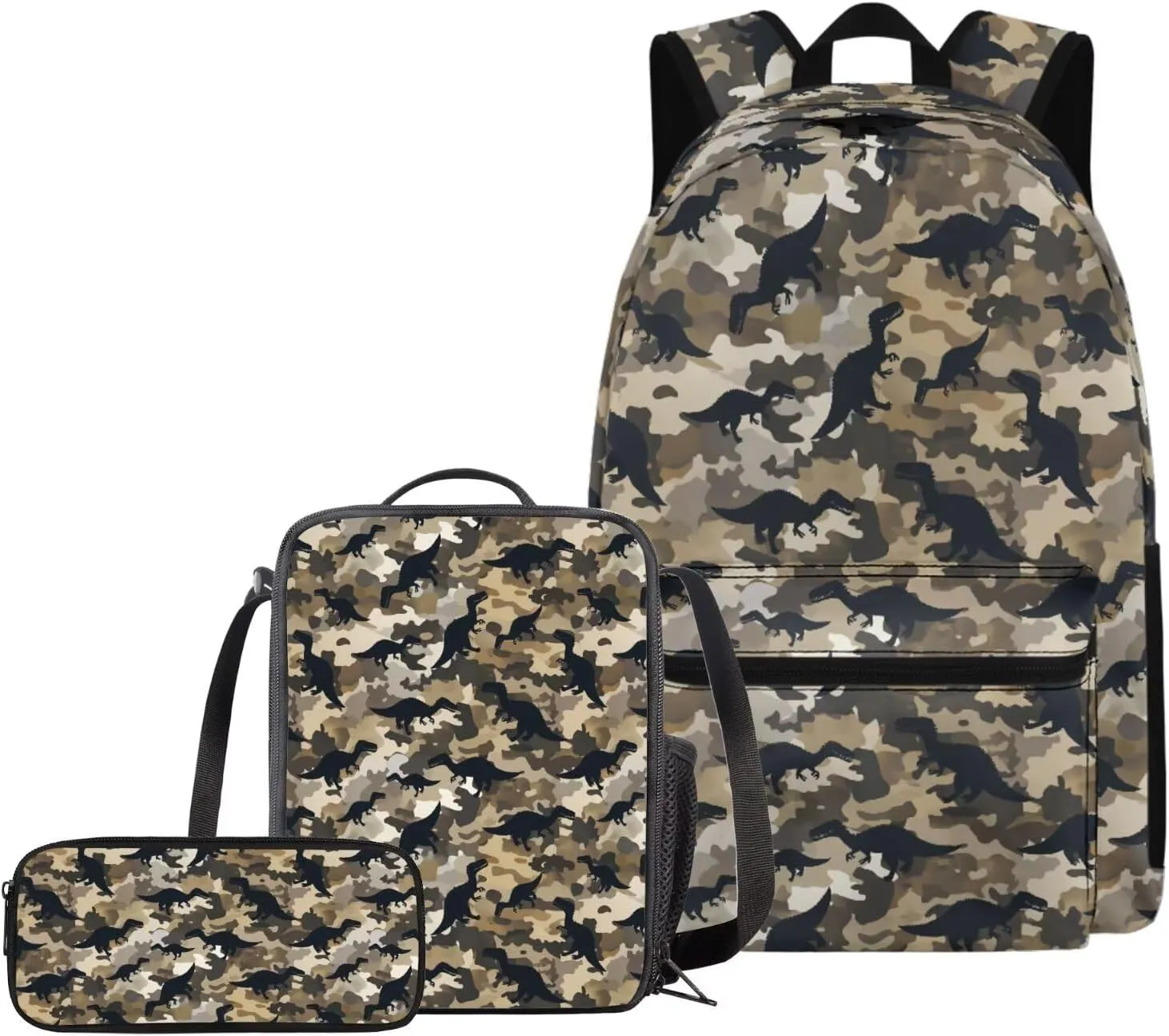 Camouflage Dinosaur Backpack for Kids Girls Boys with Lunchbox Pencil Box Pouch Organizer Bookbag for School Bag Set