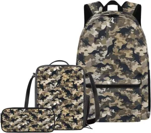 Camouflage Dinosaur Backpack for Kids Girls Boys with Lunchbox Pencil Box Pouch Organizer Bookbag for School Bag Set