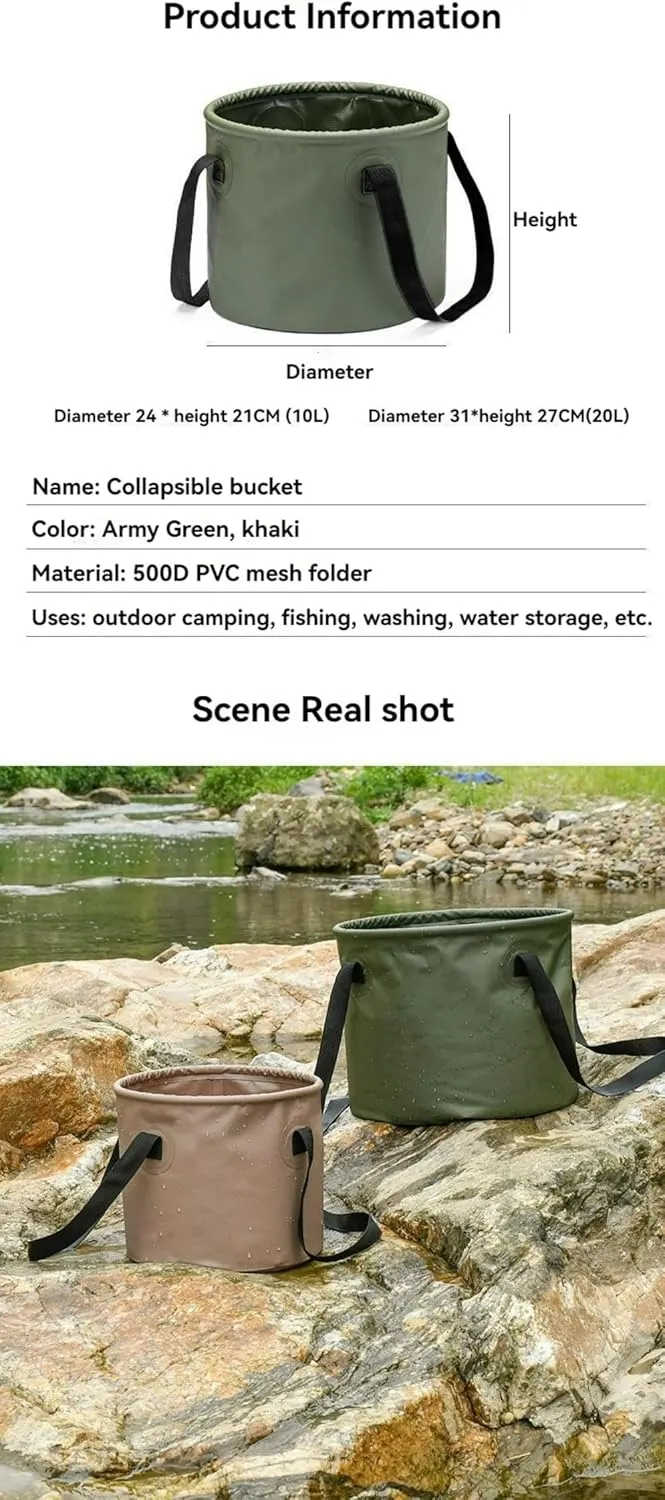 Camping Bucket Multifunctional Outdoor Large Capacity Collapsible Fishing Storage Expandable Carrying Water Container (Khaki,20 L(5 Gallon))