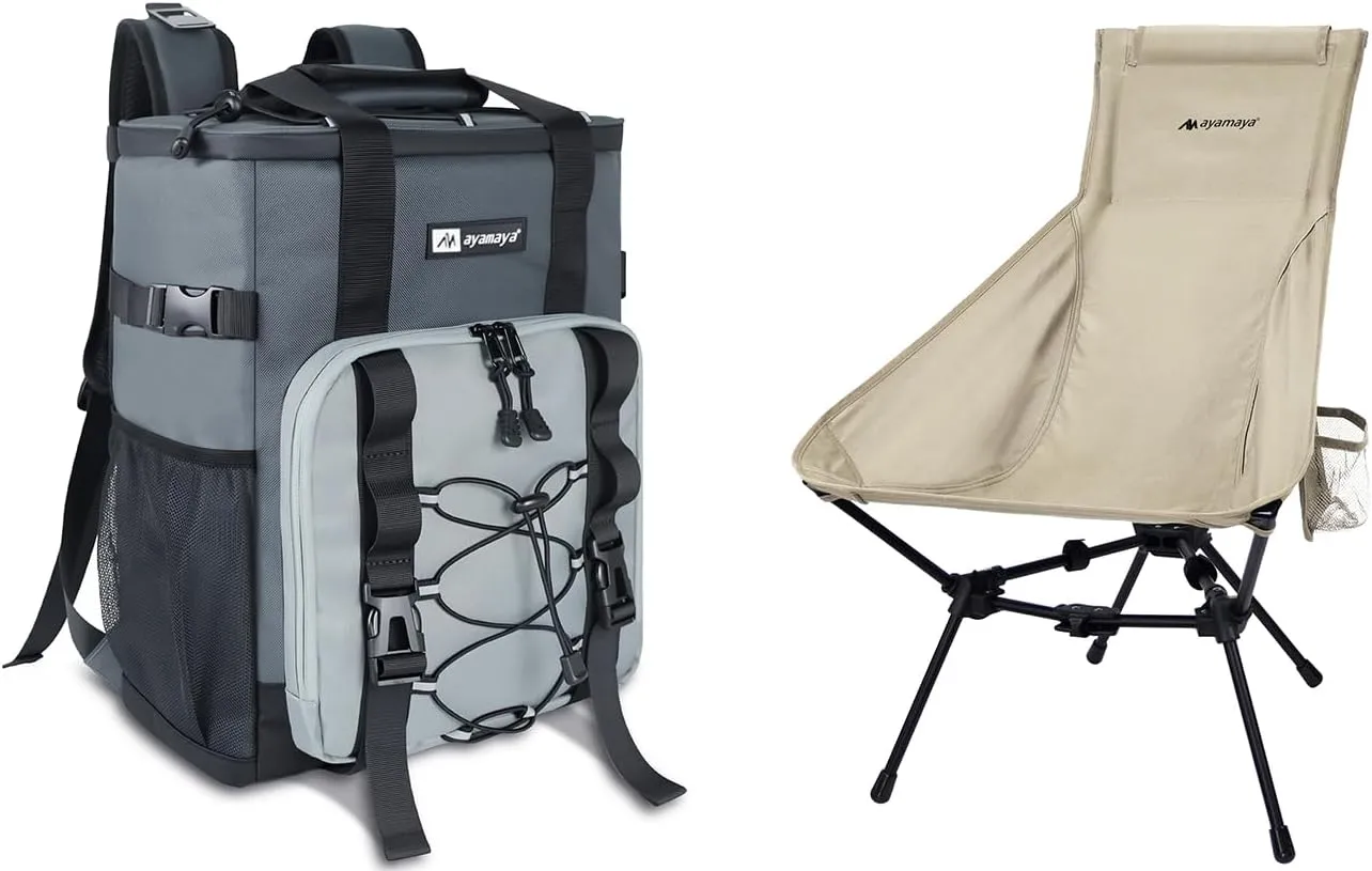 Camping Chair   Backpack Cooler, Ultralight High Back Widen Frame Structure Folding Chairs, Gray Leakproof Backpack Cooler for Beach, Picnic