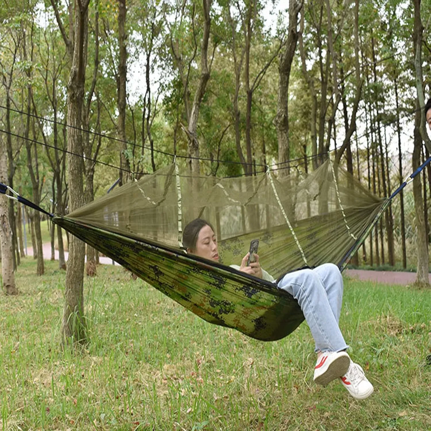 Camping Hammock, Single & Double Camping Hammock with Mosquito Net, Portable Nylon Hammock, for Outdoor Backpacking, Camping, Adventure, Hiking (Blue)
