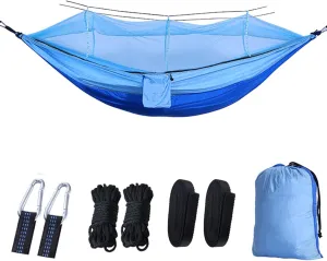 Camping Hammock, Single & Double Camping Hammock with Mosquito Net, Portable Nylon Hammock, for Outdoor Backpacking, Camping, Adventure, Hiking (Blue)