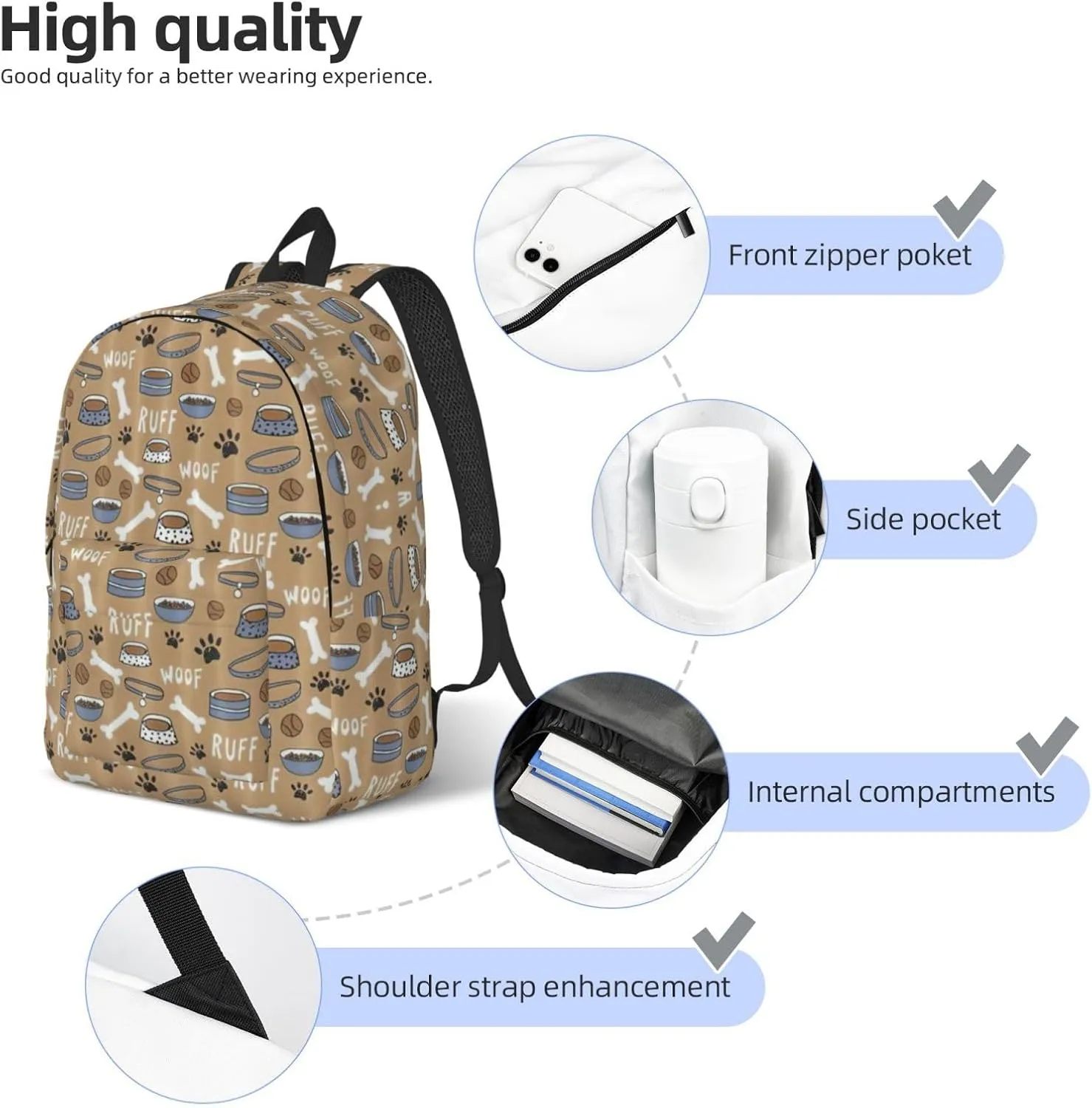 Canvas Fashions Cute Dog Bone Bowl Woof Paw Print Backpacks,Casual Lightweight Sports Rucksack Travel Multipurpose Bag