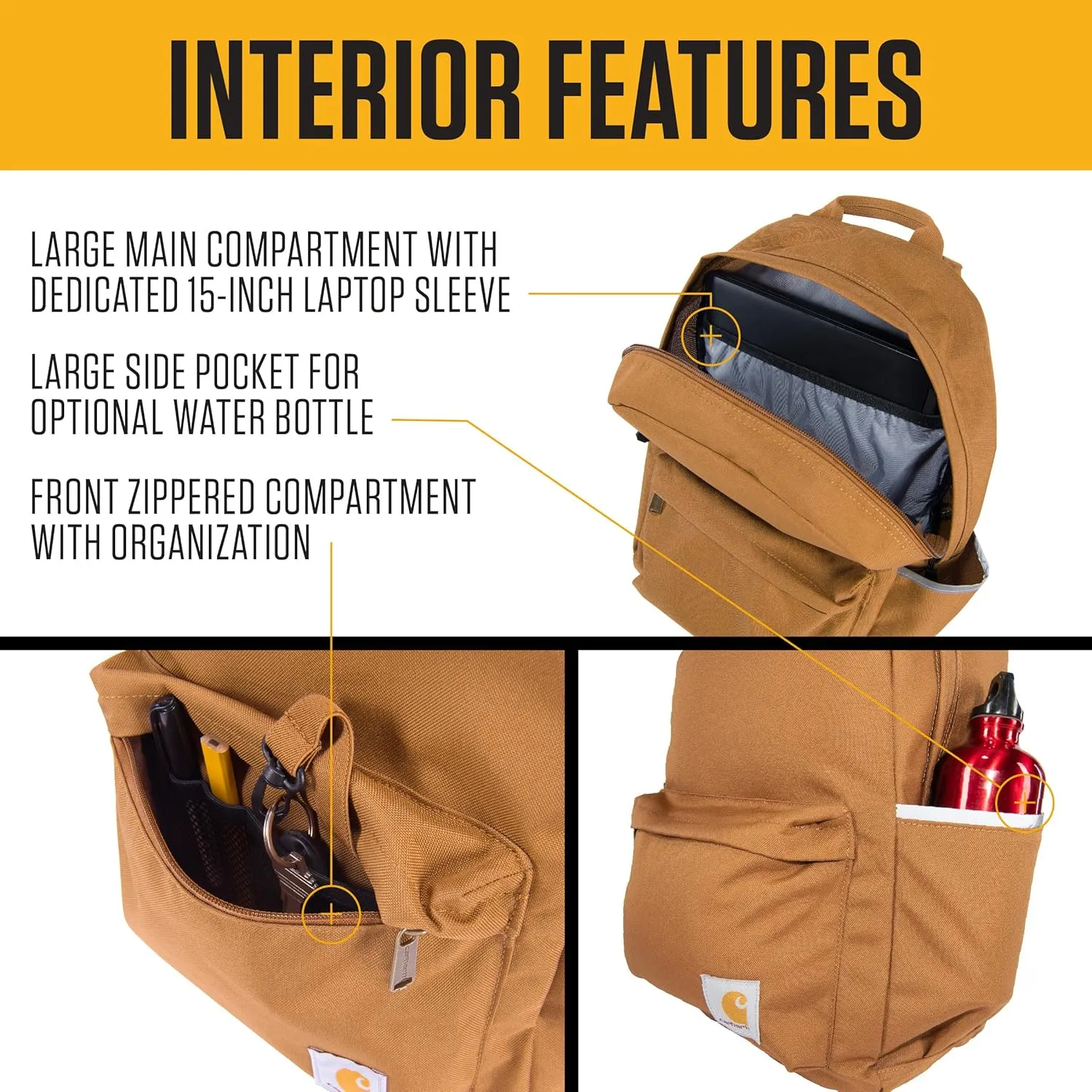 Carhartt 21L Classic Backpack, Water-Resistant Pack W/ 15" Laptop Sleeve and Organizational Compartments, Port, PFAS Free