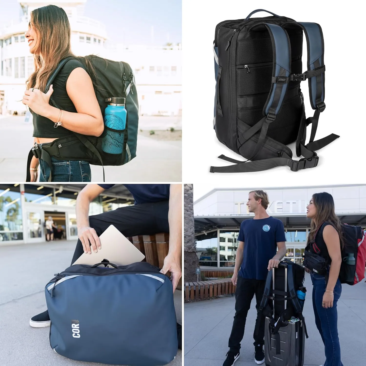 Carry On Travel Backpack Bundle | Island Hopper Travel Backpack with Toiletry Bag and Compression Packing Cube Set (40L, Navy Blue)