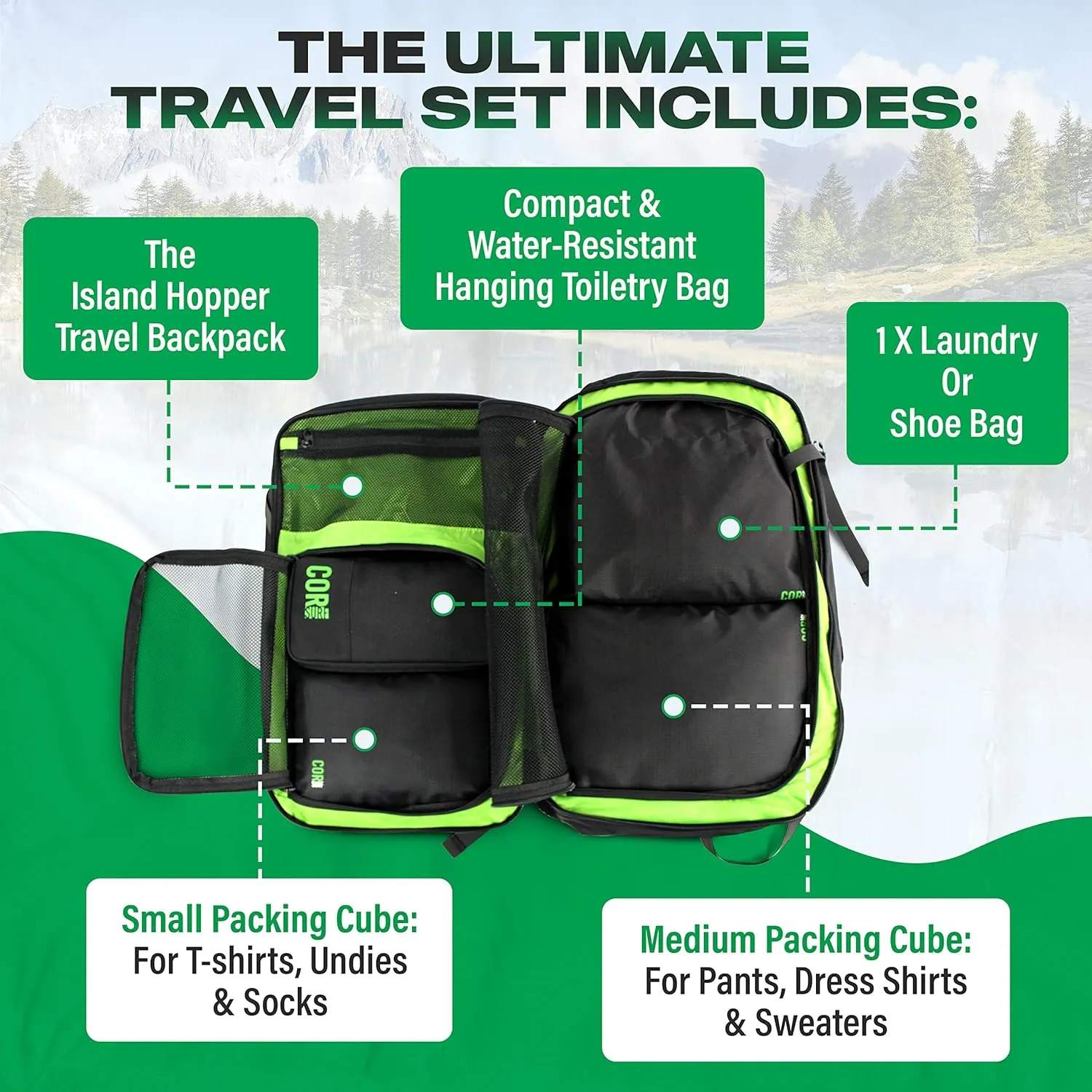 Carry On Travel Backpack Bundle | Island Hopper Travel Backpack with Toiletry Bag and Compression Packing Cube Set (40L, Navy Blue)