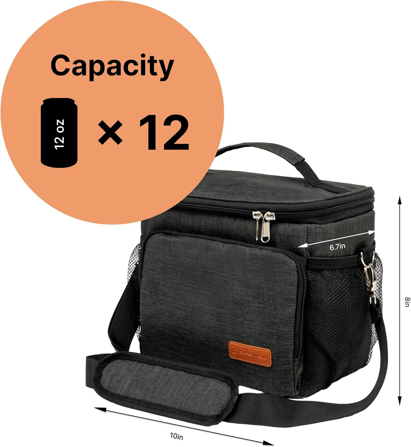 Carrywell (Not Made In China) Insulated Lunch Bag, Men's Lunch Box, Leakproof, Collapsible, Soft Sided Cooler W/Adjustable Shoulder Strap (Gray)