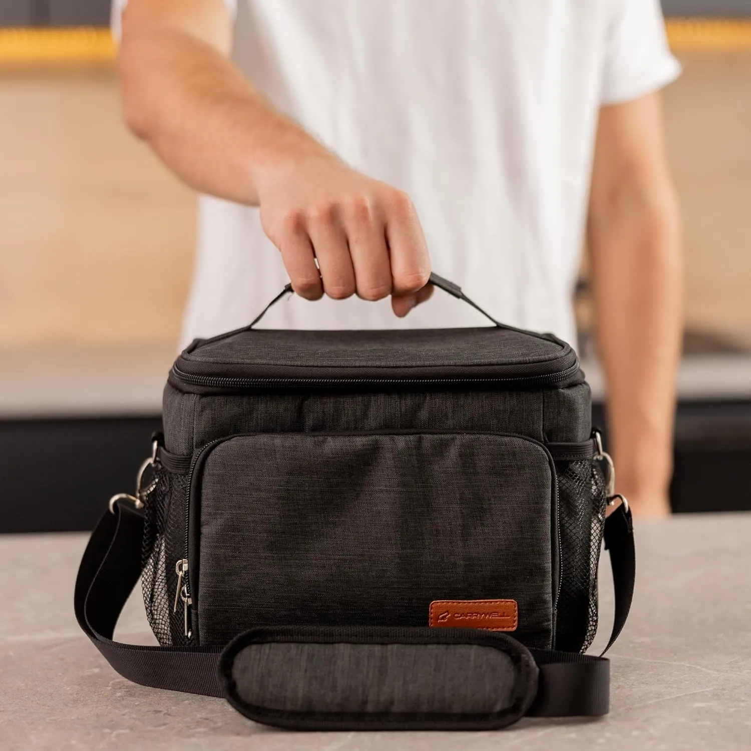 Carrywell (Not Made In China) Insulated Lunch Bag, Men's Lunch Box, Leakproof, Collapsible, Soft Sided Cooler W/Adjustable Shoulder Strap (Gray)
