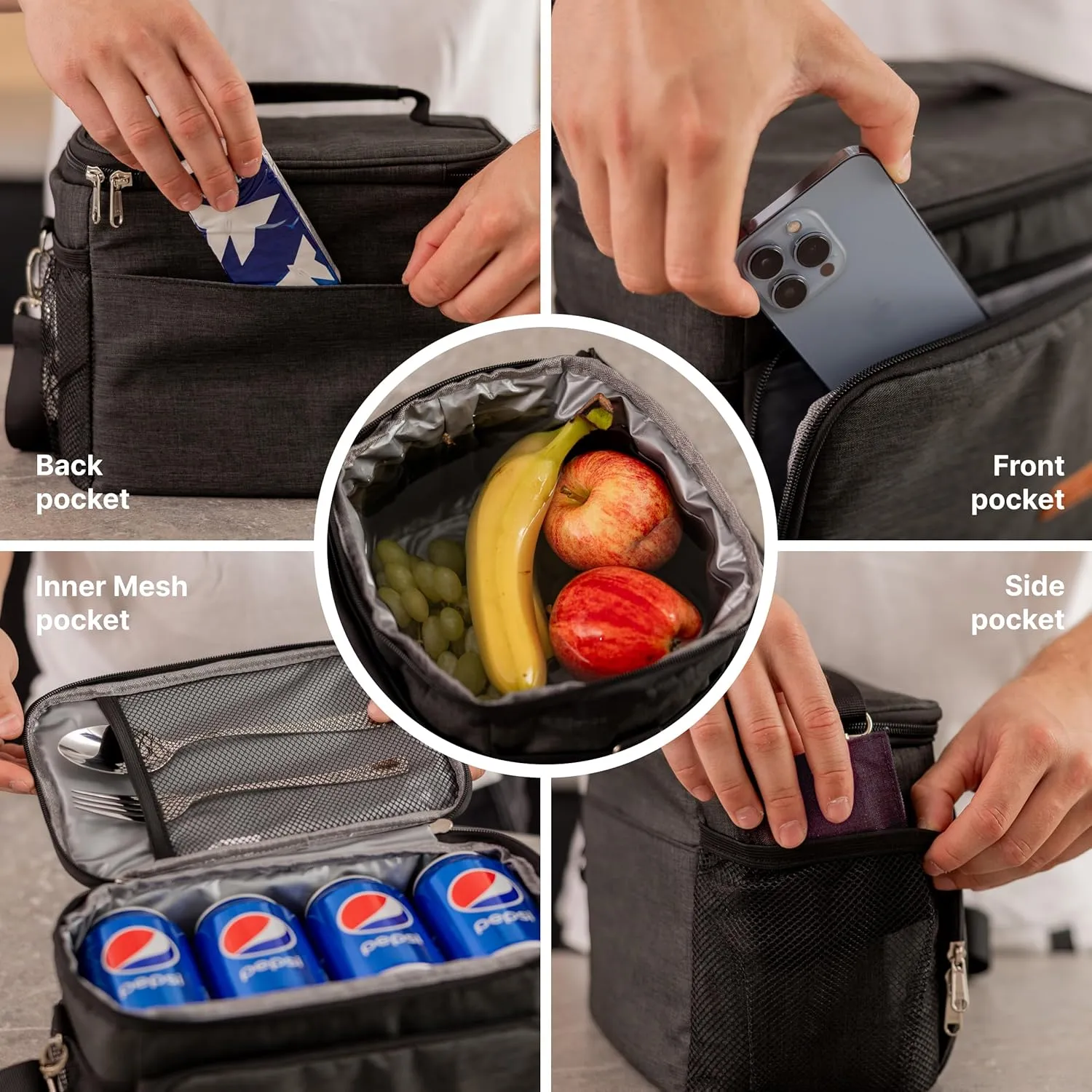 Carrywell (Not Made In China) Insulated Lunch Bag, Men's Lunch Box, Leakproof, Collapsible, Soft Sided Cooler W/Adjustable Shoulder Strap (Gray)