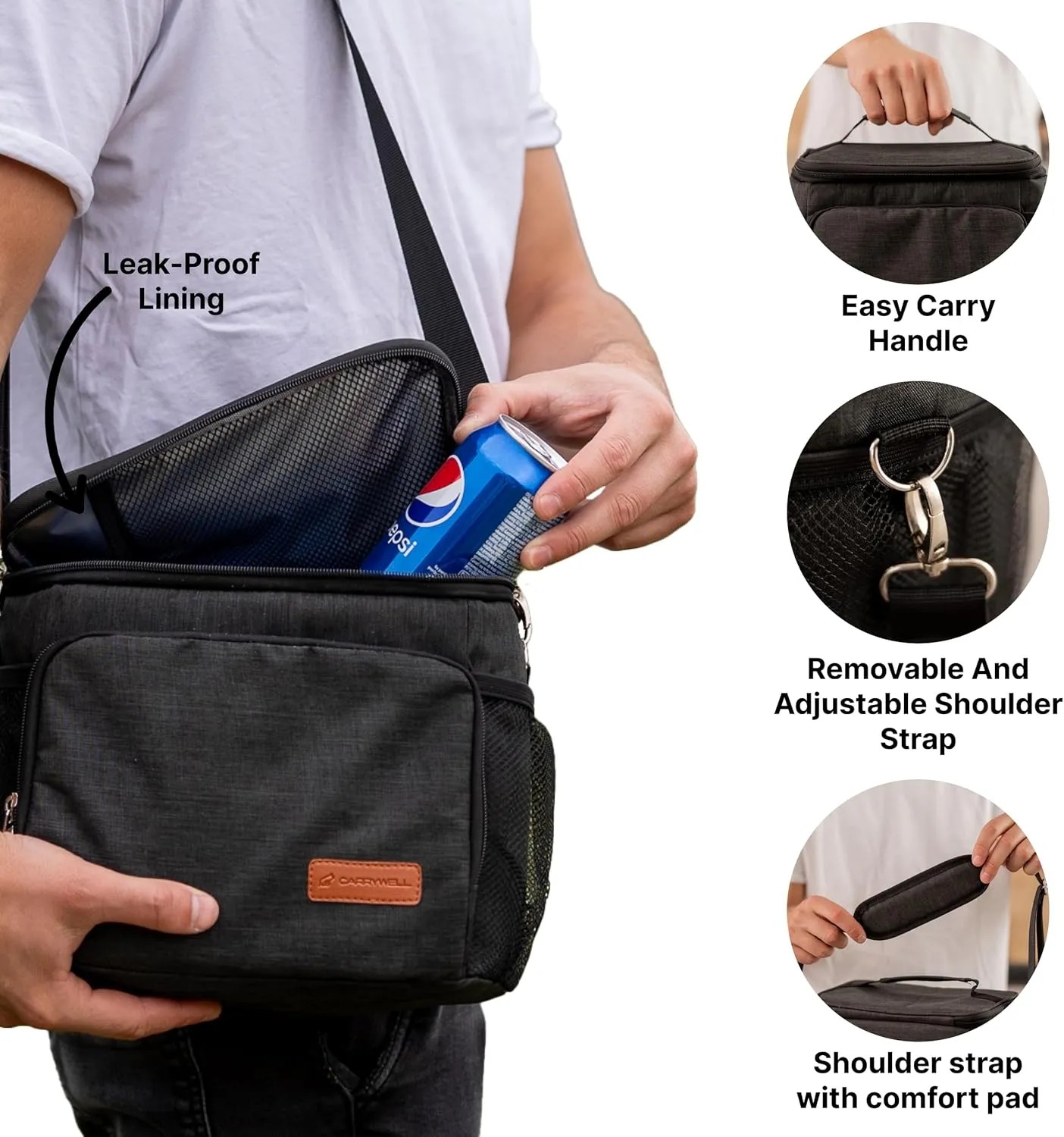 Carrywell (Not Made In China) Insulated Lunch Bag, Men's Lunch Box, Leakproof, Collapsible, Soft Sided Cooler W/Adjustable Shoulder Strap (Gray)