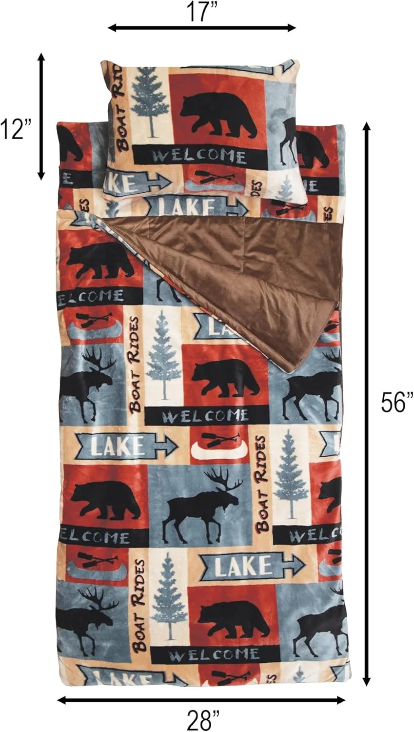 Carstens, Inc. Kids Slumber Bag Sleeping Bag/Nap Mat with Pillow for Boys & Girls, Lake Rustic