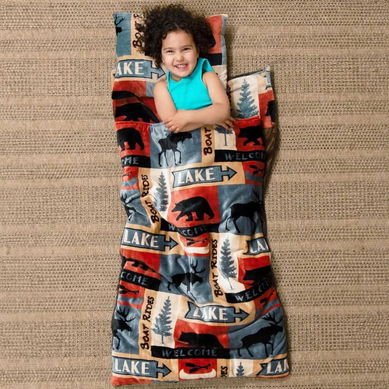 Carstens, Inc. Kids Slumber Bag Sleeping Bag/Nap Mat with Pillow for Boys & Girls, Lake Rustic