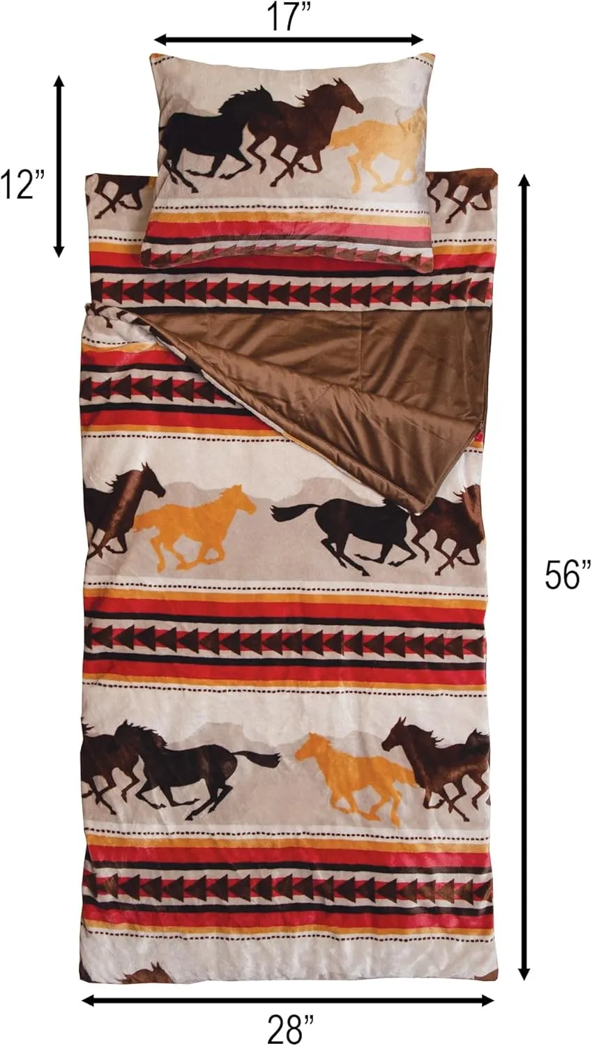 Carstens, Inc. Kids Slumber Bag Sleeping Bag/Nap Mat with Pillow for Boys & Girls, Running Horses
