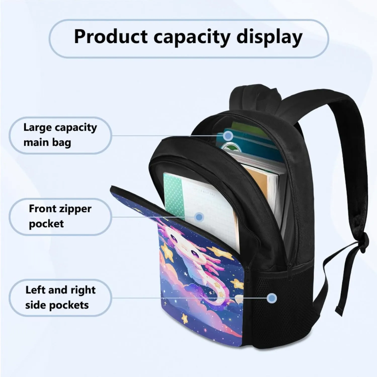 Cartoon Axolotl School Backpack Set for Girls Ages 7-10, Art Backpack Set for Girls Back to School Pencil Case Lunch Box Water Bottle Holder for Camping Picnic