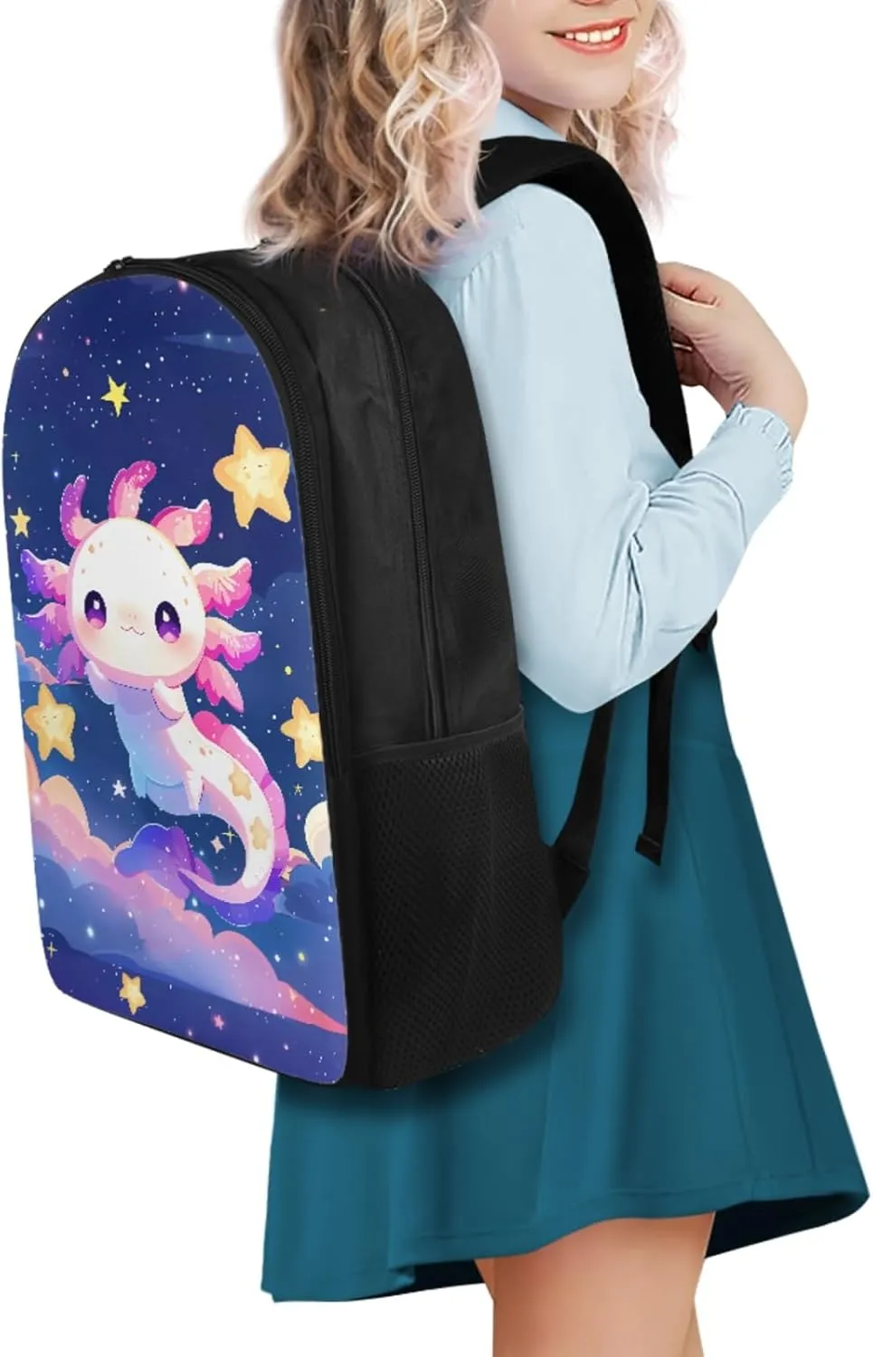 Cartoon Axolotl School Backpack Set for Girls Ages 7-10, Art Backpack Set for Girls Back to School Pencil Case Lunch Box Water Bottle Holder for Camping Picnic