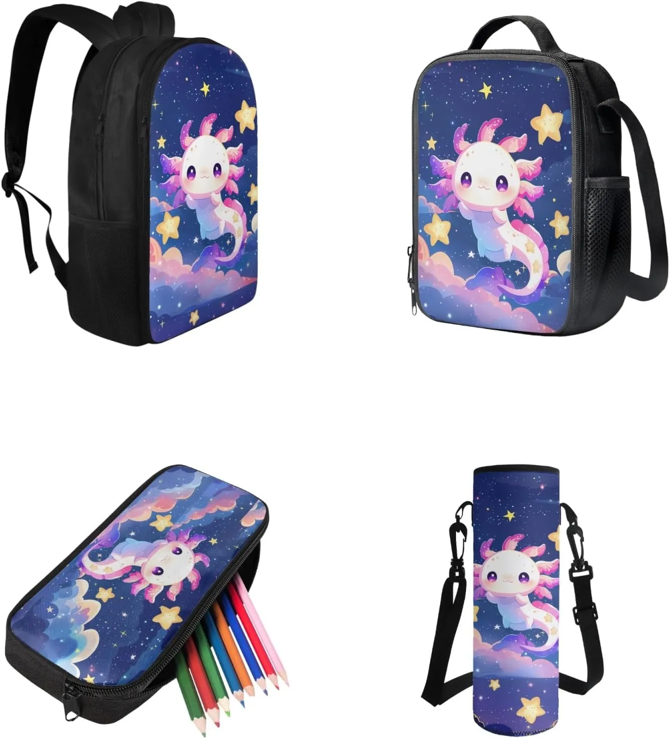 Cartoon Axolotl School Backpack Set for Girls Ages 7-10, Art Backpack Set for Girls Back to School Pencil Case Lunch Box Water Bottle Holder for Camping Picnic